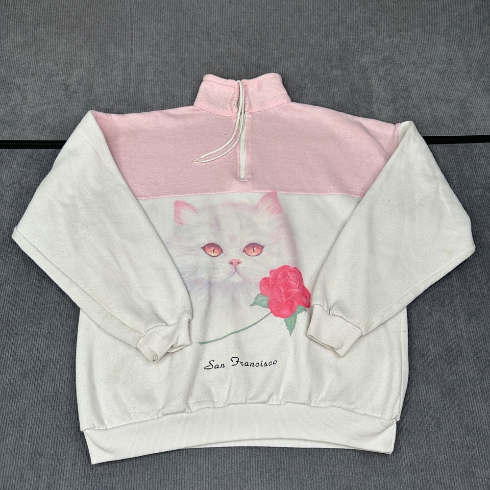Vintage B&J San Francisco Cat Rose Quarter Zip Sweatshirt Pink‎ White Medium USA